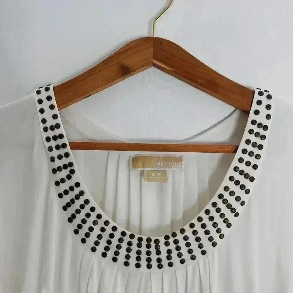 Michael Kors White Studded Blouse Ruffled Short Sleeve Boho Chic Bohemian Size S - Picture 3 of 5